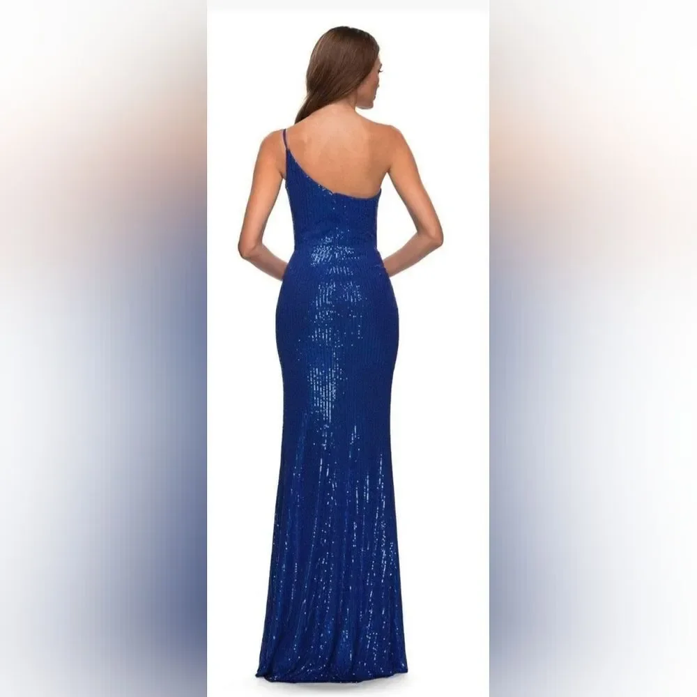 La Femme 30391 One Shoulder Sequined Gown with Slit NWT size 6 Royal Blue